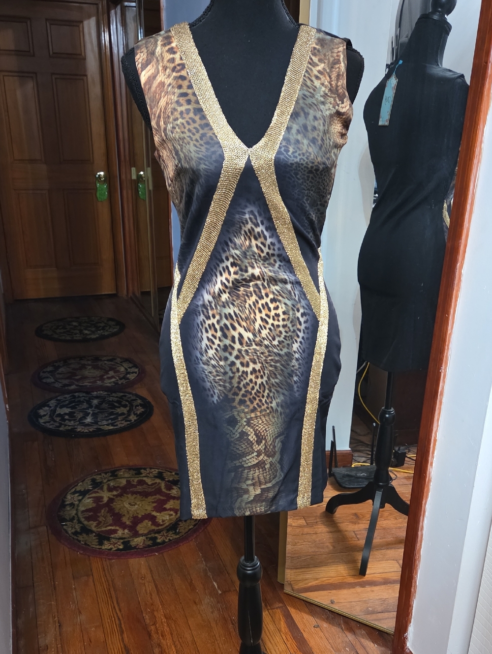 Leopard Print Bodycon Dress with Gold Trim